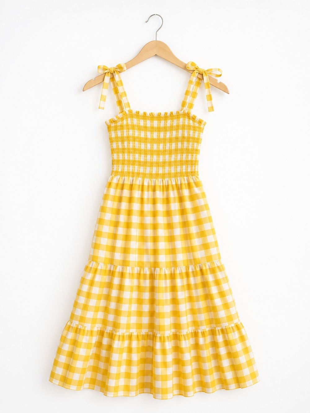 Yellow Gingham Tiered Midi Dress | Cottagecore Tie-Shoulder Sundress - Picture 3 of 5